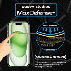 Folie Sticla CASEY STUDIOS pentru iPhone 15, MaxDefense+ Matte, Full Glue, Sticla Securizata, Duritate Militara, Ultra HD, Protectie Profesionala Ecran 3D, Anti Zgarieturi, Anti Socuri Negru