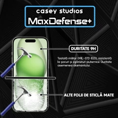 Folie Sticla CASEY STUDIOS pentru iPhone 15, MaxDefense+ Matte, Full Glue, Sticla Securizata, Duritate Militara, Ultra HD, Protectie Profesionala Ecran 3D, Anti Zgarieturi, Anti Socuri Negru