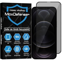 Folie Sticla CASEY STUDIOS pentru iPhone 12 / 12 Pro, MaxDefense+ Privacy, Full Glue, Sticla Securizata, Duritate Militara, Ultra HD, Protectie Profesionala Ecran 3D, Anti Zgarieturi, Anti Socuri