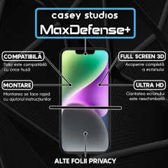 Folie Sticla CASEY STUDIOS pentru iPhone 14 Plus, MaxDefense+ Privacy, Full Glue, Sticla Securizata, Duritate Militara, Ultra HD, Protectie Profesionala Ecran 3D, Anti Zgarieturi, Anti Socuri Negru