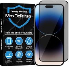 Folie Sticla CASEY STUDIOS pentru iPhone 14 Pro Max, MaxDefense+ Privacy, Full Glue, Sticla Securizata, Duritate Militara, Ultra HD, Protectie Profesionala Ecran 3D, Anti Zgarieturi, Anti Socuri