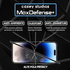Folie Sticla CASEY STUDIOS pentru iPhone 14 Pro Max, MaxDefense+ Privacy, Full Glue, Sticla Securizata, Duritate Militara, Ultra HD, Protectie Profesionala Ecran 3D, Anti Zgarieturi, Anti Socuri Negru