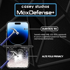 Folie Sticla CASEY STUDIOS pentru iPhone 14 Pro Max, MaxDefense+ Privacy, Full Glue, Sticla Securizata, Duritate Militara, Ultra HD, Protectie Profesionala Ecran 3D, Anti Zgarieturi, Anti Socuri Negru