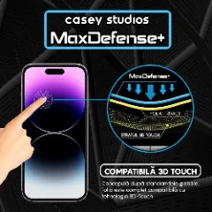Folie Sticla CASEY STUDIOS pentru iPhone 14 Pro, MaxDefense+ Privacy, Full Glue, Sticla Securizata, Duritate Militara, Ultra HD, Protectie Profesionala Ecran 3D, Anti Zgarieturi, Anti Socuri Negru