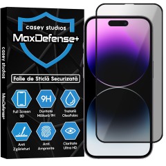 Folie Sticla CASEY STUDIOS pentru iPhone 14 Pro, MaxDefense+ Privacy, Full Glue, Sticla Securizata, Duritate Militara, Ultra HD, Protectie Profesionala Ecran 3D, Anti Zgarieturi, Anti Socuri