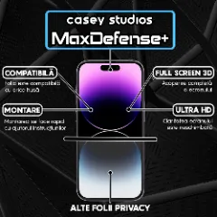 Folie Sticla CASEY STUDIOS pentru iPhone 14 Pro, MaxDefense+ Privacy, Full Glue, Sticla Securizata, Duritate Militara, Ultra HD, Protectie Profesionala Ecran 3D, Anti Zgarieturi, Anti Socuri Negru