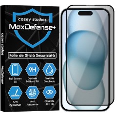 Folie Sticla CASEY STUDIOS pentru iPhone 15 Plus, MaxDefense+ Privacy, Full Glue, Sticla Securizata, Duritate Militara, Ultra HD, Protectie Profesionala Ecran 3D, Anti Zgarieturi, Anti Socuri