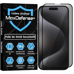 Folie Sticla CASEY STUDIOS pentru iPhone 15 Pro Max, MaxDefense+ Privacy, Full Glue, Sticla Securizata, Duritate Militara, Ultra HD, Protectie Profesionala Ecran 3D, Anti Zgarieturi, Anti Socuri