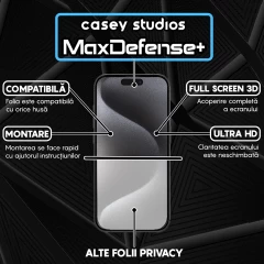 Folie Sticla CASEY STUDIOS pentru iPhone 15 Pro Max, MaxDefense+ Privacy, Full Glue, Sticla Securizata, Duritate Militara, Ultra HD, Protectie Profesionala Ecran 3D, Anti Zgarieturi, Anti Socuri Negru