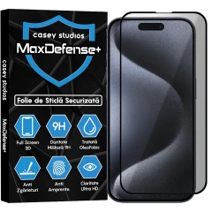 Folie Sticla CASEY STUDIOS pentru iPhone 15 Pro, MaxDefense+ Privacy, Full Glue, Sticla Securizata, Duritate Militara, Ultra HD, Protectie Profesionala Ecran 3D, Anti Zgarieturi, Anti Socuri Negru