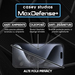 Folie Sticla CASEY STUDIOS pentru iPhone 15 Pro, MaxDefense+ Privacy, Full Glue, Sticla Securizata, Duritate Militara, Ultra HD, Protectie Profesionala Ecran 3D, Anti Zgarieturi, Anti Socuri Negru