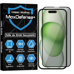 Folie Sticla CASEY STUDIOS pentru iPhone 15, MaxDefense+ Privacy, Full Glue, Sticla Securizata, Duritate Militara, Ultra HD, Protectie Profesionala Ecran 3D, Anti Zgarieturi, Anti Socuri