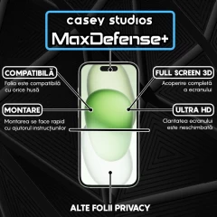 Folie Sticla CASEY STUDIOS pentru iPhone 15, MaxDefense+ Privacy, Full Glue, Sticla Securizata, Duritate Militara, Ultra HD, Protectie Profesionala Ecran 3D, Anti Zgarieturi, Anti Socuri Negru