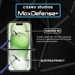 Folie Sticla CASEY STUDIOS pentru iPhone 15, MaxDefense+ Privacy, Full Glue, Sticla Securizata, Duritate Militara, Ultra HD, Protectie Profesionala Ecran 3D, Anti Zgarieturi, Anti Socuri Negru