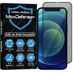 Folie Sticla CASEY STUDIOS pentru iPhone 12 Mini, MaxDefense+ Privacy, Full Glue, Sticla Securizata, Duritate Militara, Ultra HD, Protectie Profesionala Ecran 3D, Anti Zgarieturi, Anti Socuri