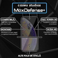 Folie Sticla CASEY STUDIOS pentru iPhone X / XS, MaxDefense+ Privacy, Full Glue, Sticla Securizata, Duritate Militara, Ultra HD, Protectie Profesionala Ecran 3D, Anti Zgarieturi, Anti Socuri Negru