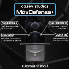Folie Sticla CASEY STUDIOS pentru iPhone 12 Pro Max, MaxDefense+ Classic, Full Glue, Sticla Securizata, Duritate Militara, Ultra HD, Protectie Profesionala Ecran 3D, Anti Zgarieturi, Anti Socuri Transparent