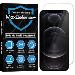 Folie Sticla CASEY STUDIOS pentru iPhone 12 Pro Max, MaxDefense+ Classic, Full Glue, Sticla Securizata, Duritate Militara, Ultra HD, Protectie Profesionala Ecran 3D, Anti Zgarieturi, Anti Socuri