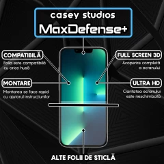 Folie Sticla CASEY STUDIOS pentru iPhone 13 / 13 Pro, MaxDefense+ Classic, Full Glue, Sticla Securizata, Duritate Militara, Ultra HD, Protectie Profesionala Ecran 3D, Anti Zgarieturi, Anti Socuri Transparent