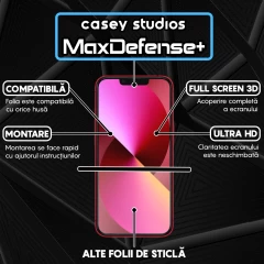 Folie Sticla CASEY STUDIOS pentru iPhone 13 Mini, MaxDefense+ Classic, Full Glue, Sticla Securizata, Duritate Militara, Ultra HD, Protectie Profesionala Ecran 3D, Anti Zgarieturi, Anti Socuri Transparent