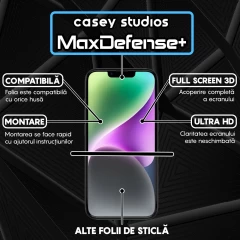 Folie Sticla CASEY STUDIOS pentru iPhone 14 Plus, MaxDefense+ Classic, Full Glue, Sticla Securizata, Duritate Militara, Ultra HD, Protectie Profesionala Ecran 3D, Anti Zgarieturi, Anti Socuri Transparent