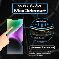Folie Sticla CASEY STUDIOS pentru iPhone 14 Plus, MaxDefense+ Classic, Full Glue, Sticla Securizata, Duritate Militara, Ultra HD, Protectie Profesionala Ecran 3D, Anti Zgarieturi, Anti Socuri Transparent