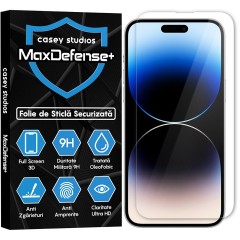 Folie Sticla CASEY STUDIOS pentru iPhone 14 Pro Max, MaxDefense+ Classic, Full Glue, Sticla Securizata, Duritate Militara, Ultra HD, Protectie Profesionala Ecran 3D, Anti Zgarieturi, Anti Socuri