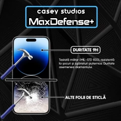 Folie Sticla CASEY STUDIOS pentru iPhone 14 Pro Max, MaxDefense+ Classic, Full Glue, Sticla Securizata, Duritate Militara, Ultra HD, Protectie Profesionala Ecran 3D, Anti Zgarieturi, Anti Socuri Transparent