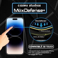 Folie Sticla CASEY STUDIOS pentru iPhone 14 Pro Max, MaxDefense+ Classic, Full Glue, Sticla Securizata, Duritate Militara, Ultra HD, Protectie Profesionala Ecran 3D, Anti Zgarieturi, Anti Socuri Transparent