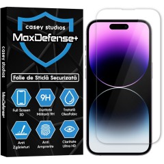 Folie Sticla CASEY STUDIOS pentru iPhone 14 Pro, MaxDefense+ Classic, Full Glue, Sticla Securizata, Duritate Militara, Ultra HD, Protectie Profesionala Ecran 3D, Anti Zgarieturi, Anti Socuri