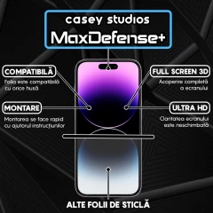 Folie Sticla CASEY STUDIOS pentru iPhone 14 Pro, MaxDefense+ Classic, Full Glue, Sticla Securizata, Duritate Militara, Ultra HD, Protectie Profesionala Ecran 3D, Anti Zgarieturi, Anti Socuri Transparent