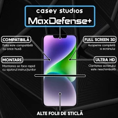 Folie Sticla CASEY STUDIOS pentru iPhone 14, MaxDefense+ Classic, Full Glue, Sticla Securizata, Duritate Militara, Ultra HD, Protectie Profesionala Ecran 3D, Anti Zgarieturi, Anti Socuri Transparent