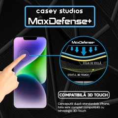Folie Sticla CASEY STUDIOS pentru iPhone 14, MaxDefense+ Classic, Full Glue, Sticla Securizata, Duritate Militara, Ultra HD, Protectie Profesionala Ecran 3D, Anti Zgarieturi, Anti Socuri Transparent