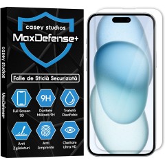 Folie Sticla CASEY STUDIOS pentru iPhone 15 Plus, MaxDefense+ Classic, Full Glue, Sticla Securizata, Duritate Militara, Ultra HD, Protectie Profesionala Ecran 3D, Anti Zgarieturi, Anti Socuri