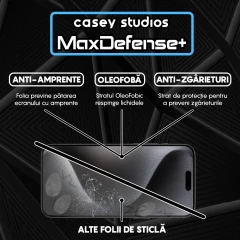 Folie Sticla CASEY STUDIOS pentru iPhone 15 Pro Max, MaxDefense+ Classic, Full Glue, Sticla Securizata, Duritate Militara, Ultra HD, Protectie Profesionala Ecran 3D, Anti Zgarieturi, Anti Socuri Transparent