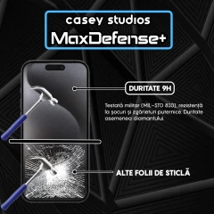 Folie Sticla CASEY STUDIOS pentru iPhone 15 Pro Max, MaxDefense+ Classic, Full Glue, Sticla Securizata, Duritate Militara, Ultra HD, Protectie Profesionala Ecran 3D, Anti Zgarieturi, Anti Socuri Transparent