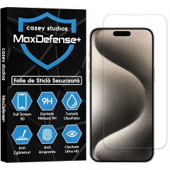 Folie Sticla CASEY STUDIOS pentru iPhone 15 Pro Max, MaxDefense+ Classic, Full Glue, Sticla Securizata, Duritate Militara, Ultra HD, Protectie Profesionala Ecran 2D, Anti Zgarieturi, Anti Socuri