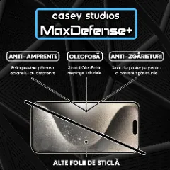 Folie Sticla CASEY STUDIOS pentru iPhone 15 Pro Max, MaxDefense+ Classic, Full Glue, Sticla Securizata, Duritate Militara, Ultra HD, Protectie Profesionala Ecran 2D, Anti Zgarieturi, Anti Socuri Transparent