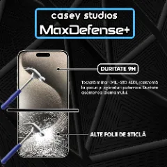 Folie Sticla CASEY STUDIOS pentru iPhone 15 Pro Max, MaxDefense+ Classic, Full Glue, Sticla Securizata, Duritate Militara, Ultra HD, Protectie Profesionala Ecran 2D, Anti Zgarieturi, Anti Socuri Transparent