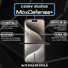 Folie Sticla CASEY STUDIOS pentru iPhone 15 Pro Max, MaxDefense+ Classic, Full Glue, Sticla Securizata, Duritate Militara, Ultra HD, Protectie Profesionala Ecran 2D, Anti Zgarieturi, Anti Socuri Transparent