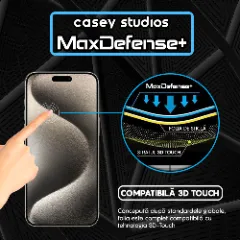Folie Sticla CASEY STUDIOS pentru iPhone 15 Pro Max, MaxDefense+ Classic, Full Glue, Sticla Securizata, Duritate Militara, Ultra HD, Protectie Profesionala Ecran 2D, Anti Zgarieturi, Anti Socuri Transparent