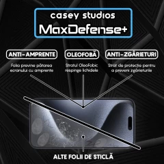 Folie Sticla CASEY STUDIOS pentru iPhone 15 Pro, MaxDefense+ Classic, Full Glue, Sticla Securizata, Duritate Militara, Ultra HD, Protectie Profesionala Ecran 3D, Anti Zgarieturi, Anti Socuri Transparent