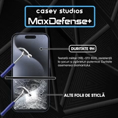 Folie Sticla CASEY STUDIOS pentru iPhone 15 Pro, MaxDefense+ Classic, Full Glue, Sticla Securizata, Duritate Militara, Ultra HD, Protectie Profesionala Ecran 3D, Anti Zgarieturi, Anti Socuri Transparent