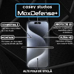 Folie Sticla CASEY STUDIOS pentru iPhone 15 Pro, MaxDefense+ Classic, Full Glue, Sticla Securizata, Duritate Militara, Ultra HD, Protectie Profesionala Ecran 2D, Anti Zgarieturi, Anti Socuri Transparent