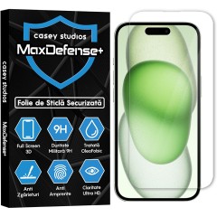 Folie Sticla CASEY STUDIOS pentru iPhone 15, MaxDefense+ Classic, Full Glue, Sticla Securizata, Duritate Militara, Ultra HD, Protectie Profesionala Ecran 3D, Anti Zgarieturi, Anti Socuri