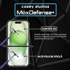 Folie Sticla CASEY STUDIOS pentru iPhone 15, MaxDefense+ Classic, Full Glue, Sticla Securizata, Duritate Militara, Ultra HD, Protectie Profesionala Ecran 3D, Anti Zgarieturi, Anti Socuri Transparent