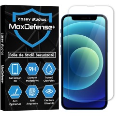Folie Sticla CASEY STUDIOS pentru iPhone 12 Mini, MaxDefense+ Classic, Full Glue, Sticla Securizata, Duritate Militara, Ultra HD, Protectie Profesionala Ecran 3D, Anti Zgarieturi, Anti Socuri