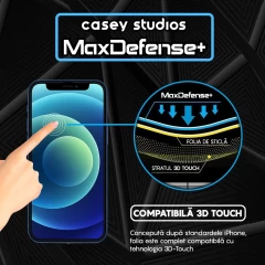 Folie Sticla CASEY STUDIOS pentru iPhone 12 Mini, MaxDefense+ Classic, Full Glue, Sticla Securizata, Duritate Militara, Ultra HD, Protectie Profesionala Ecran 3D, Anti Zgarieturi, Anti Socuri Transparent