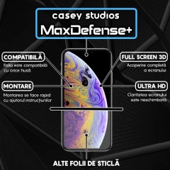 Folie Sticla CASEY STUDIOS pentru iPhone XS Max, MaxDefense+ Classic, Full Glue, Sticla Securizata, Duritate Militara, Ultra HD, Protectie Profesionala Ecran 3D, Anti Zgarieturi, Anti Socuri Transparent