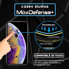 Folie Sticla CASEY STUDIOS pentru iPhone XS Max, MaxDefense+ Classic, Full Glue, Sticla Securizata, Duritate Militara, Ultra HD, Protectie Profesionala Ecran 3D, Anti Zgarieturi, Anti Socuri Transparent